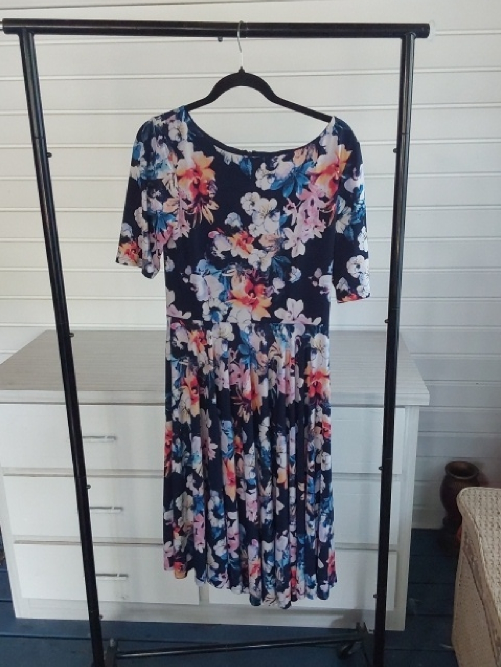 Floral Navy Short-Sleeve Fit & Flare Dress By Marc Bouwer Medium